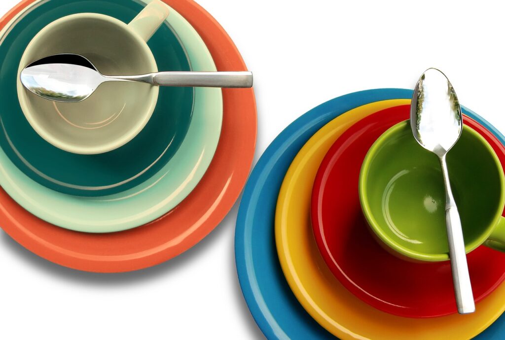 plate, cup, multicoloured